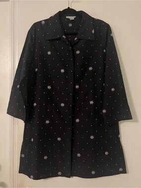 VTG Debra deRoo Silk Embroidered Floral Polka Dot Swing Coat Jacket Black M L